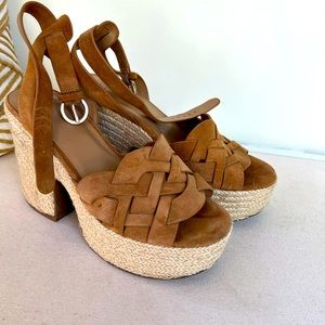 Women Marc Fisher Espadrille 7.5 Cognac Suede Ankle Strap Wedge Heel Platform